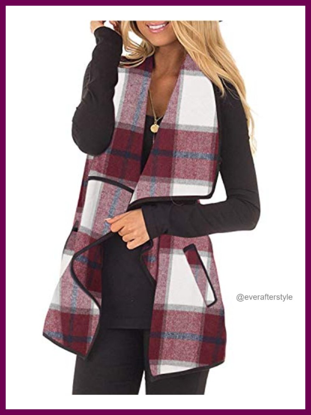 Plaid Open Front Sleeveless Cardigan Vest with Pockets
